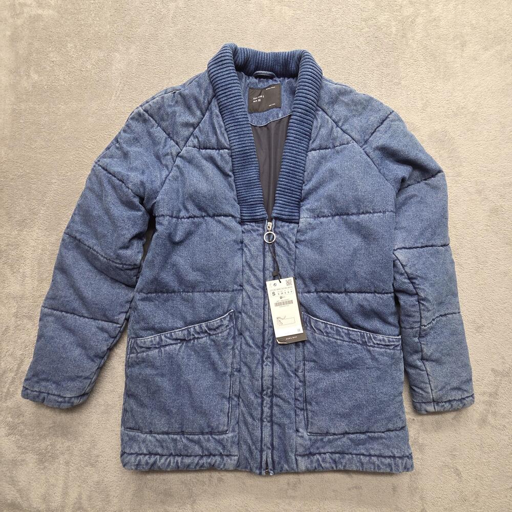 Zara Man Coat Mens S Blue Quilted Denim Padded Lined Mid-Length Winter